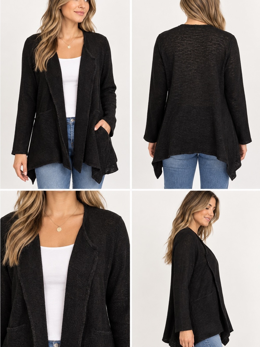 Masai Cardigan Womens L Black Cotton Viscose Open Front Draped Asymmetrical Knit